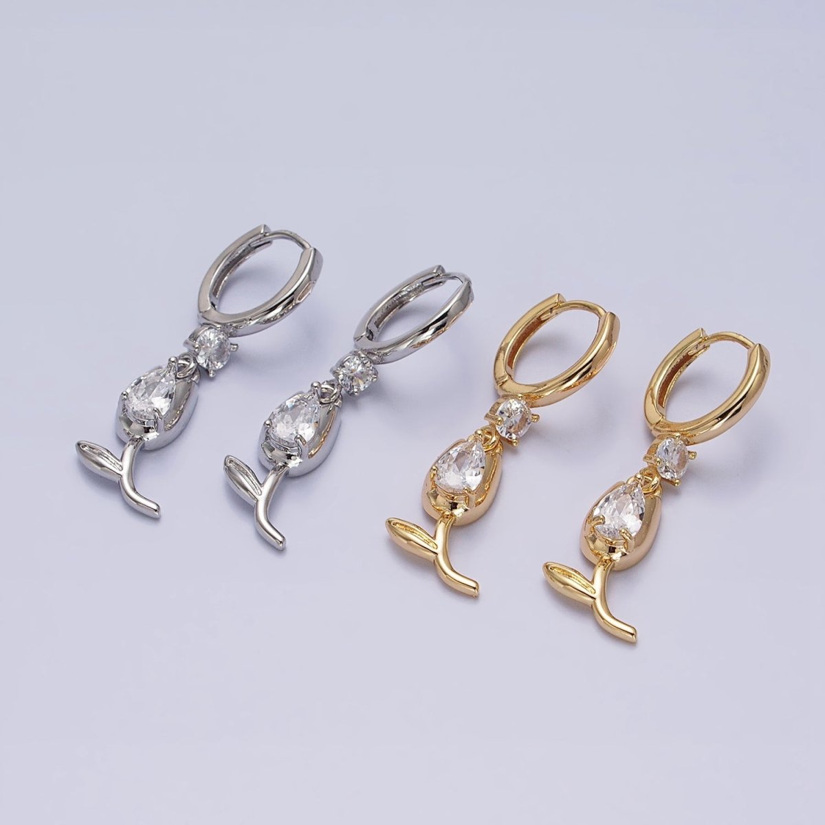 Gold or Silver Flower Tulip Clear CZ Drop Dangle Huggie Earrings