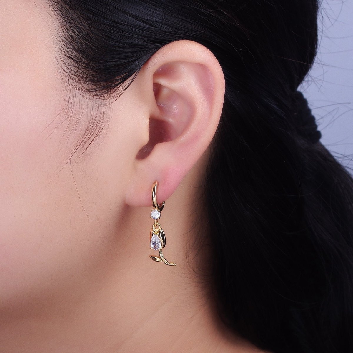 Gold or Silver Flower Tulip Clear CZ Drop Dangle Huggie Earrings
