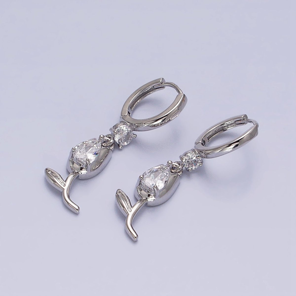 Gold or Silver Flower Tulip Clear CZ Drop Dangle Huggie Earrings