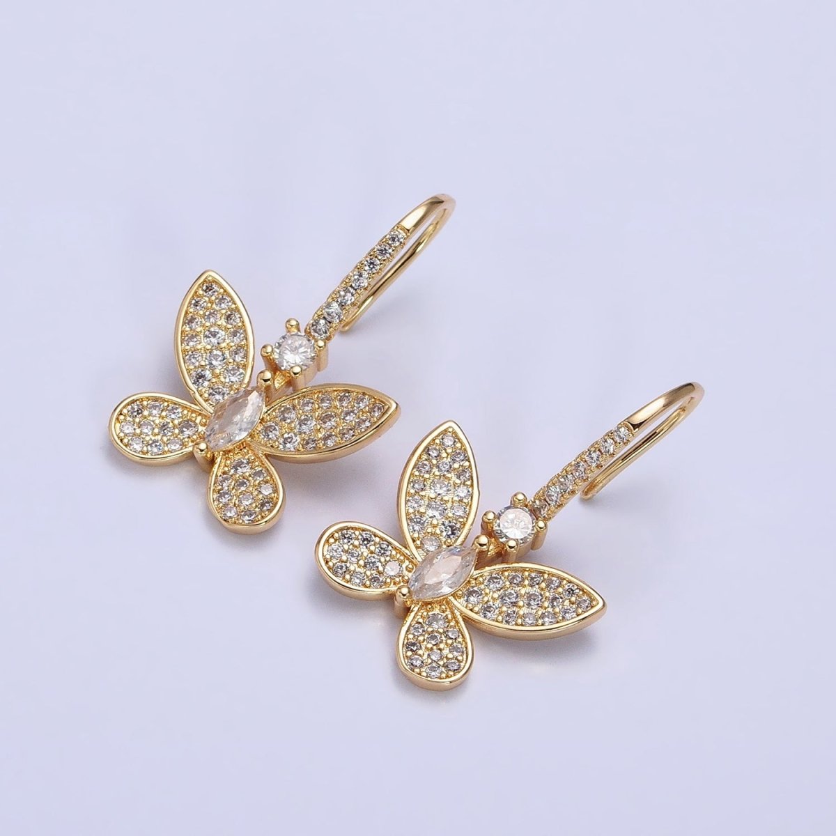 Gold, Silver Mariposa Butterfly Marquise CZ Micro Pave French Hook Earrings