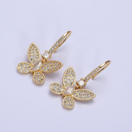Gold, Silver Mariposa Butterfly Marquise CZ Micro Pave French Hook Earrings