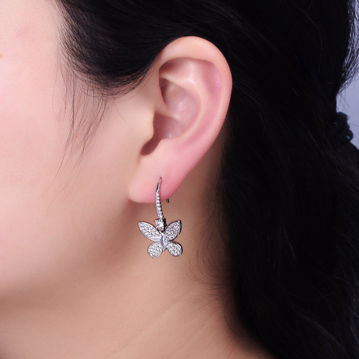Gold, Silver Mariposa Butterfly Marquise CZ Micro Pave French Hook Earrings