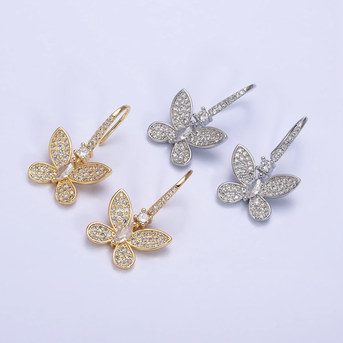 Gold, Silver Mariposa Butterfly Marquise CZ Micro Pave French Hook Earrings