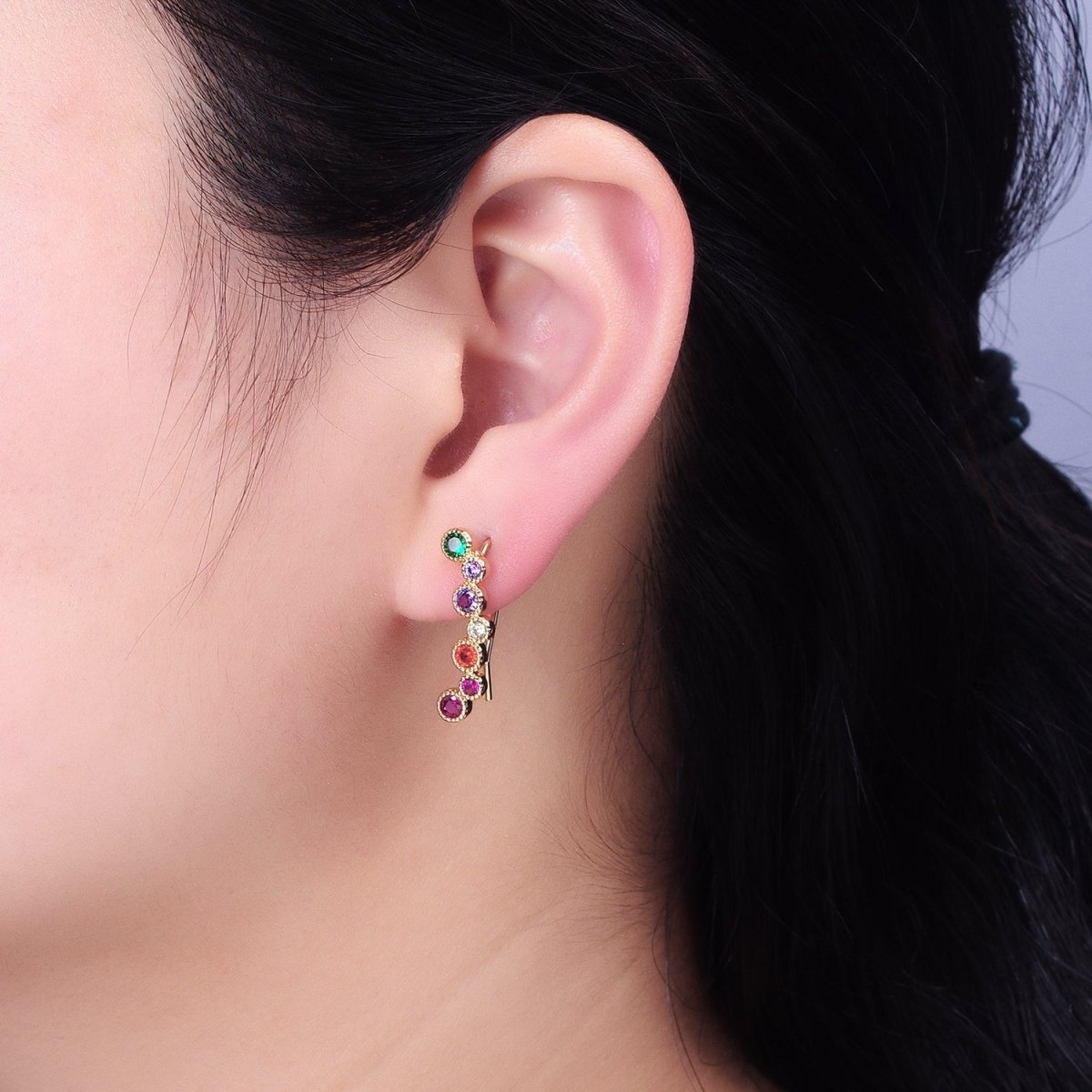 Multicolor Round Bezel CZ Lined Ear Climber Earrings Gold or Silver