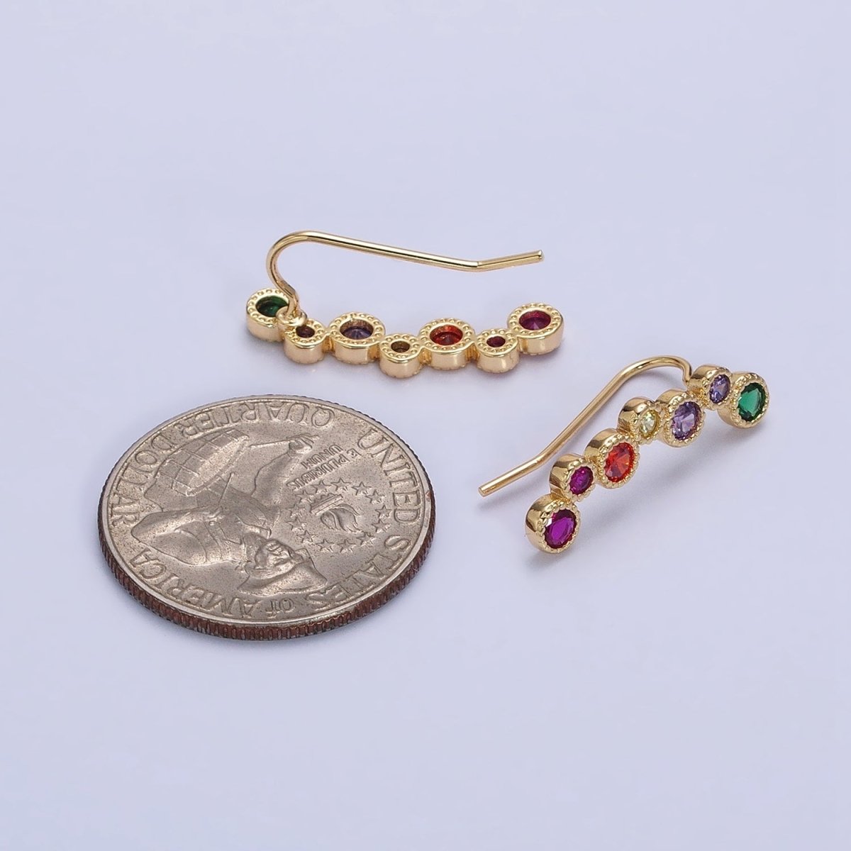 Multicolor Round Bezel CZ Lined Ear Climber Earrings Gold or Silver