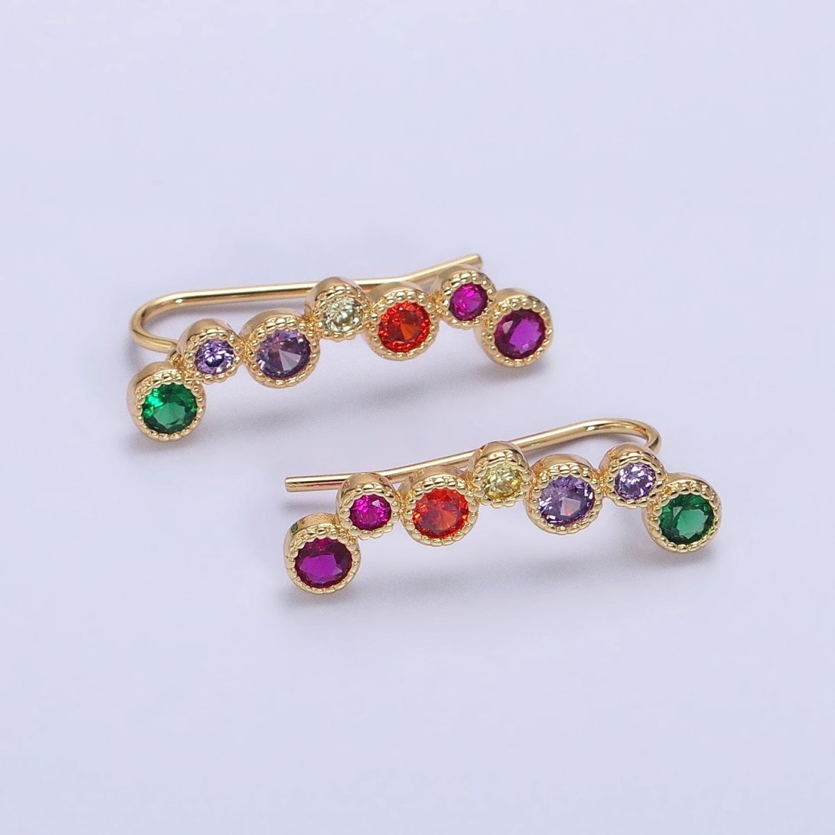 Multicolor Round Bezel CZ Lined Ear Climber Earrings Gold or Silver