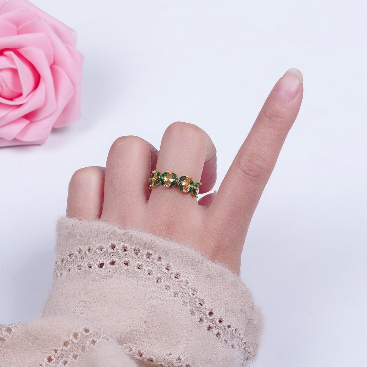 Green Marquise Flower Ring, 24K Gold Filled Cubic Zirconia CZ Ring