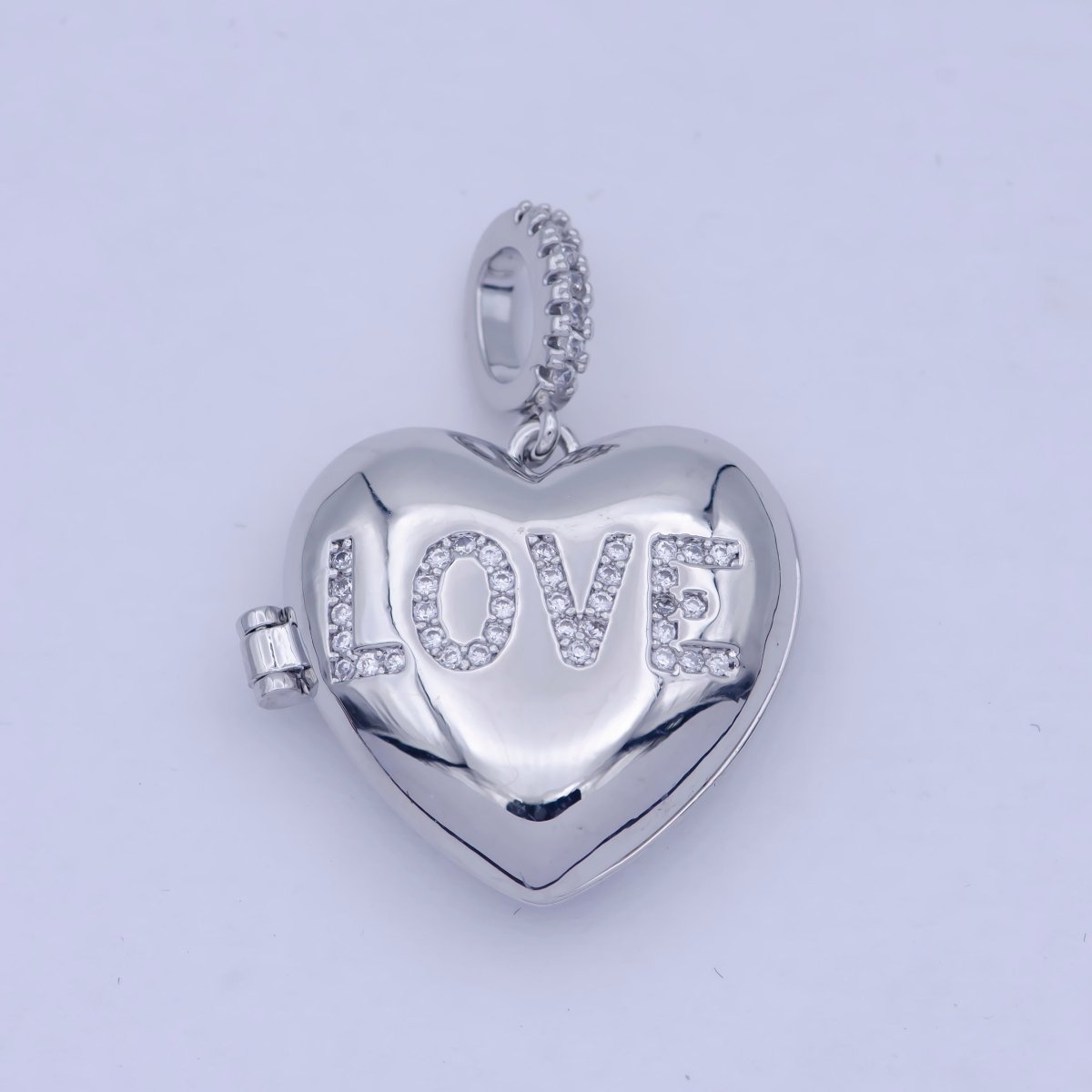 Heart Love 31mm Micro Pave Locket Pendant Silver Open Locket Cubic Zirconia Pave Pendant