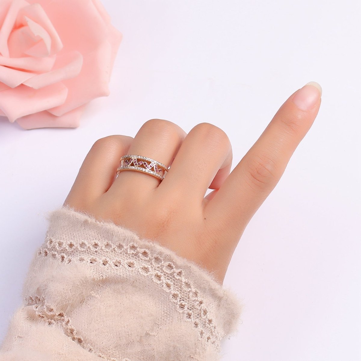 Hot Pink CZ Heart 18K Gold Filled Adjustable Ring