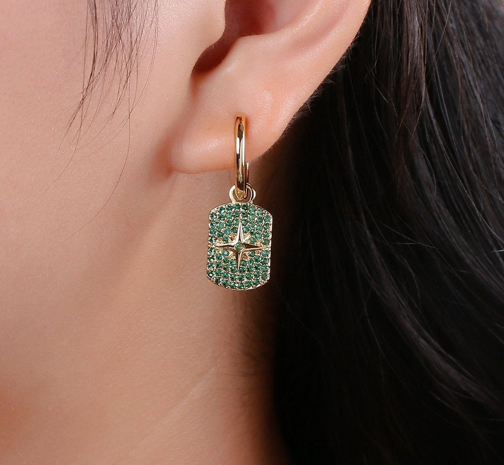 Celestial Star Earrings Celestial Star Huggie Earrings Green and Blue Pave Hoop Earrings Hoop Earrings