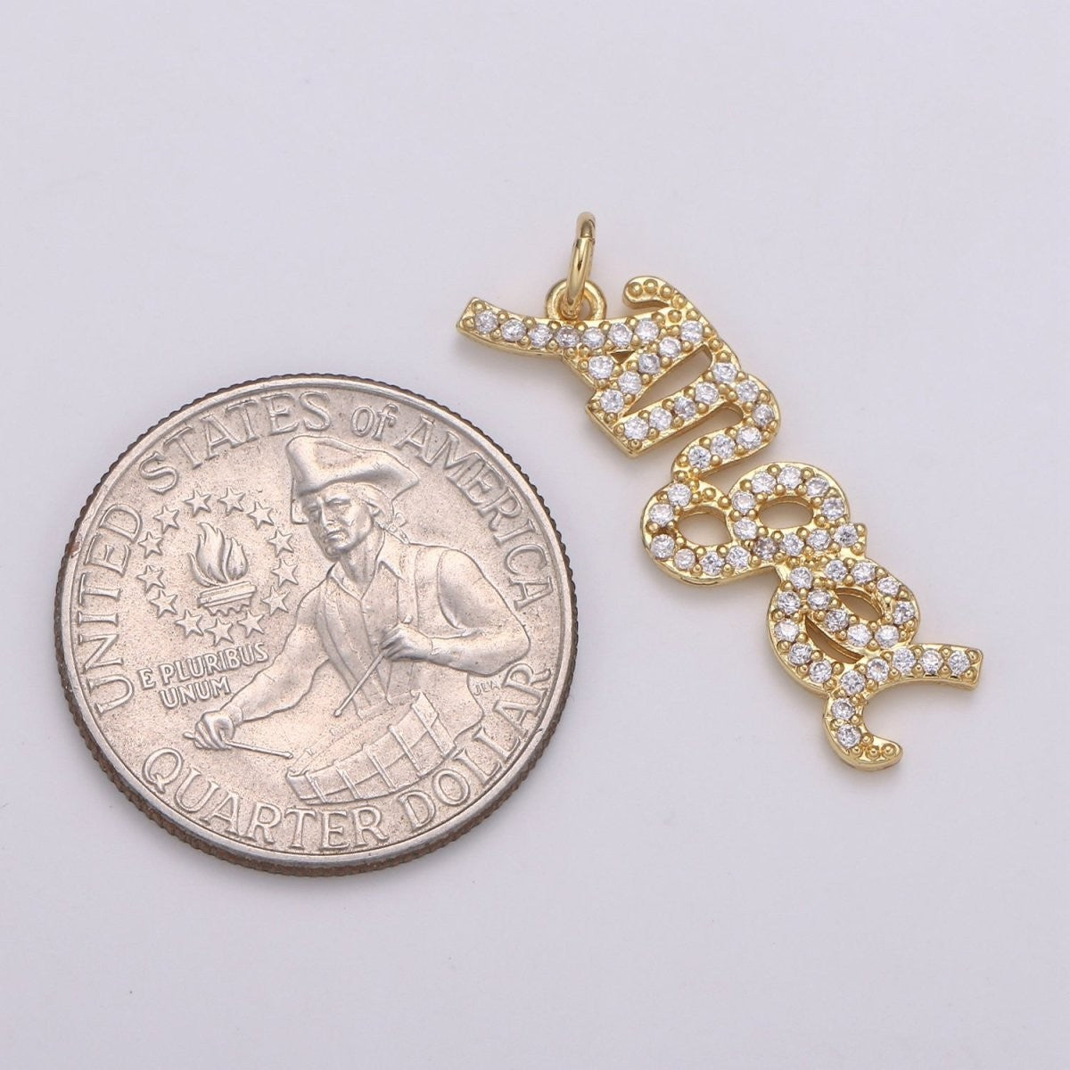14K Gold Filled 30mm x 10mm "Angel" Micro Paved CZ Cursive Script Charm