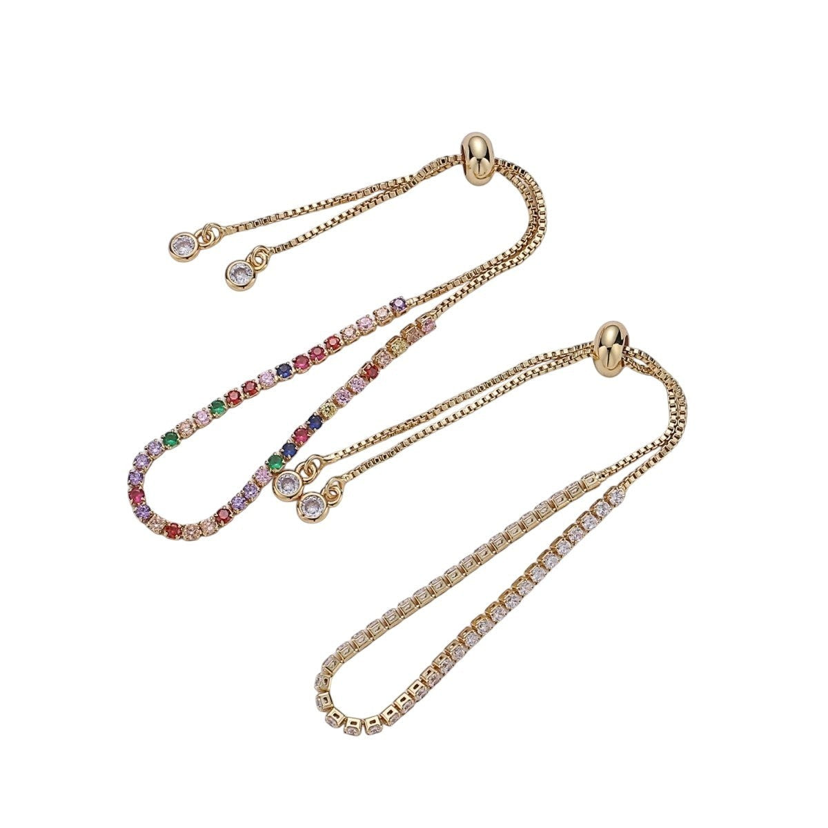 Dainty Micro Pave Adjustable Bolo Bracelet, Rainbow or Clear CZ Bracelet in 14k Gold Filled Chain