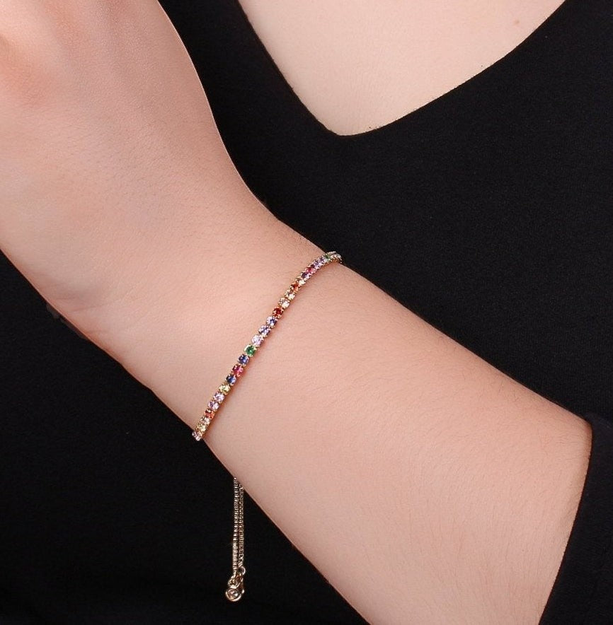 Dainty Micro Pave Adjustable Bolo Bracelet, Rainbow or Clear CZ Bracelet in 14k Gold Filled Chain