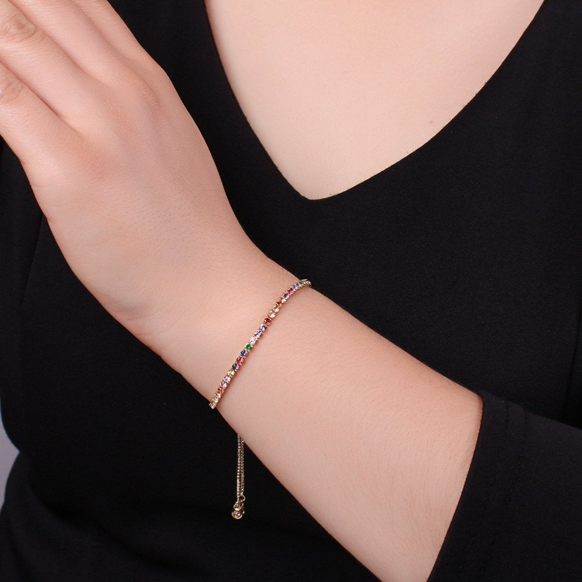 Dainty Micro Pave Adjustable Bolo Bracelet, Rainbow or Clear CZ Bracelet in 14k Gold Filled Chain