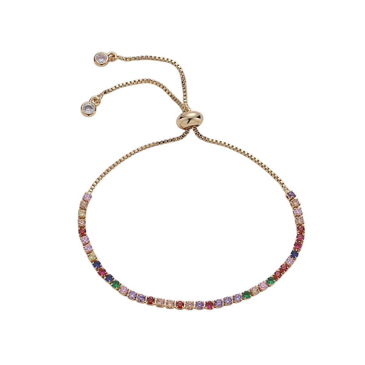Dainty Micro Pave Adjustable Bolo Bracelet, Rainbow or Clear CZ Bracelet in 14k Gold Filled Chain