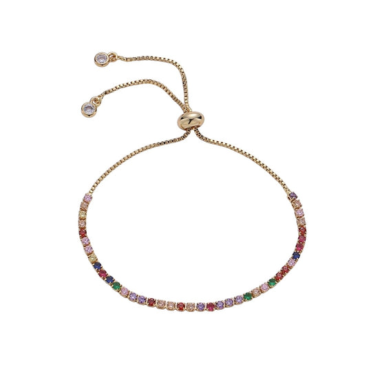 Dainty Micro Pave Adjustable Bolo Bracelet, Rainbow or Clear CZ Bracelet in 14k Gold Filled Chain