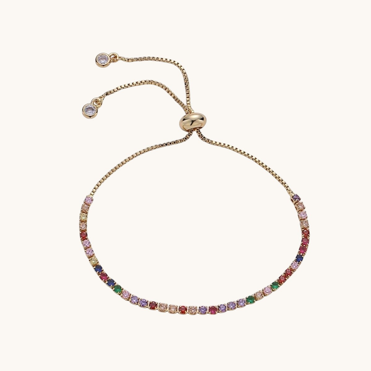 Dainty Micro Pave Adjustable Bolo Bracelet, Rainbow or Clear CZ Bracelet in 14k Gold Filled Chain