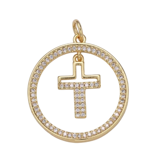 Micro Pave Cross Charm Coin Charm - 29x23mm, 14K Gold Filled CZ Dangle Charm Pendant, Cubic Zirconia, Gold Cross
