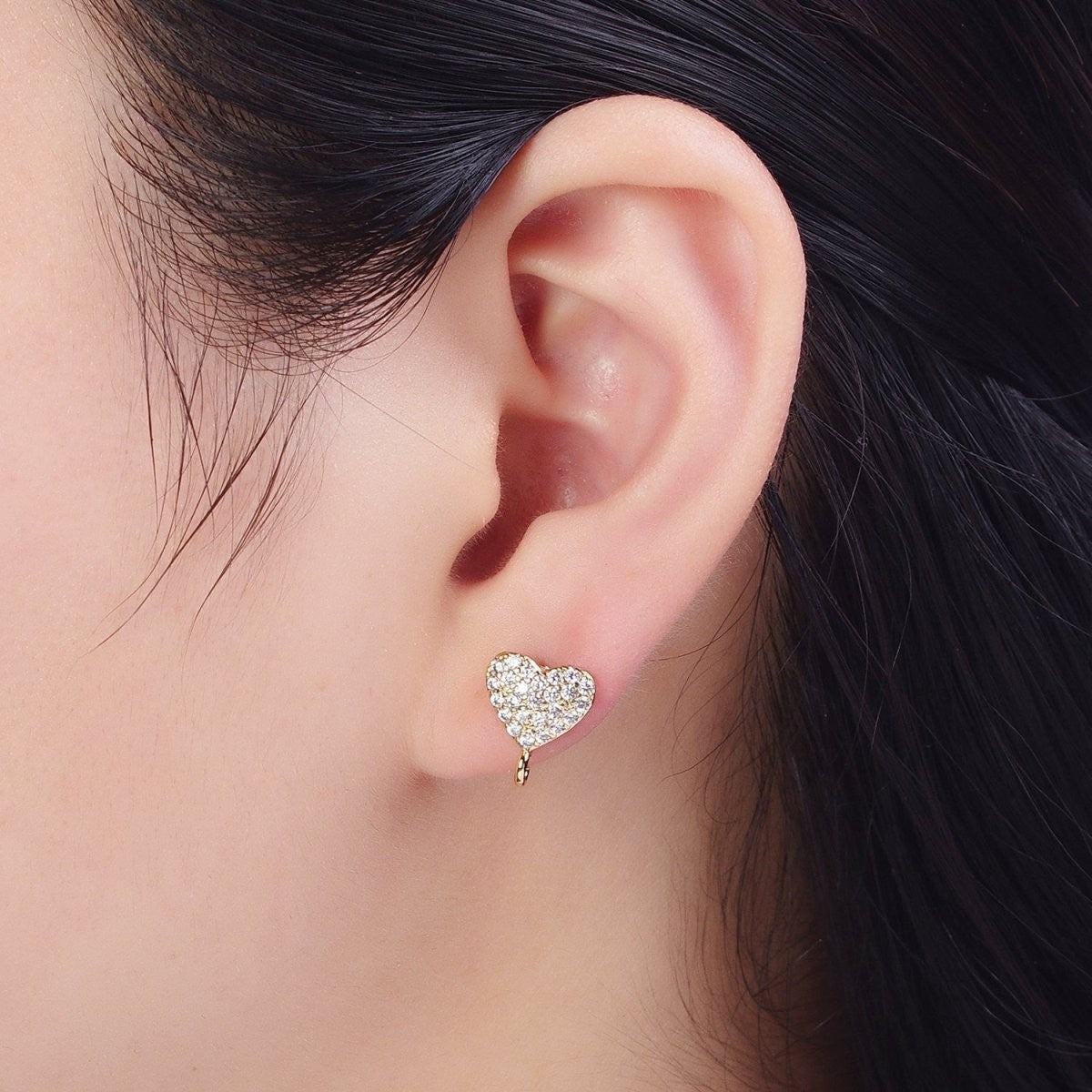 Micro Pave 11mm Cubic Zirconia Heart Studs with Open Loop Link Love Component for Jewelry Making