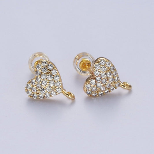 Micro Pave 11mm Cubic Zirconia Heart Stud Earrings with Open Loop Link, Love Component for Jewelry Making