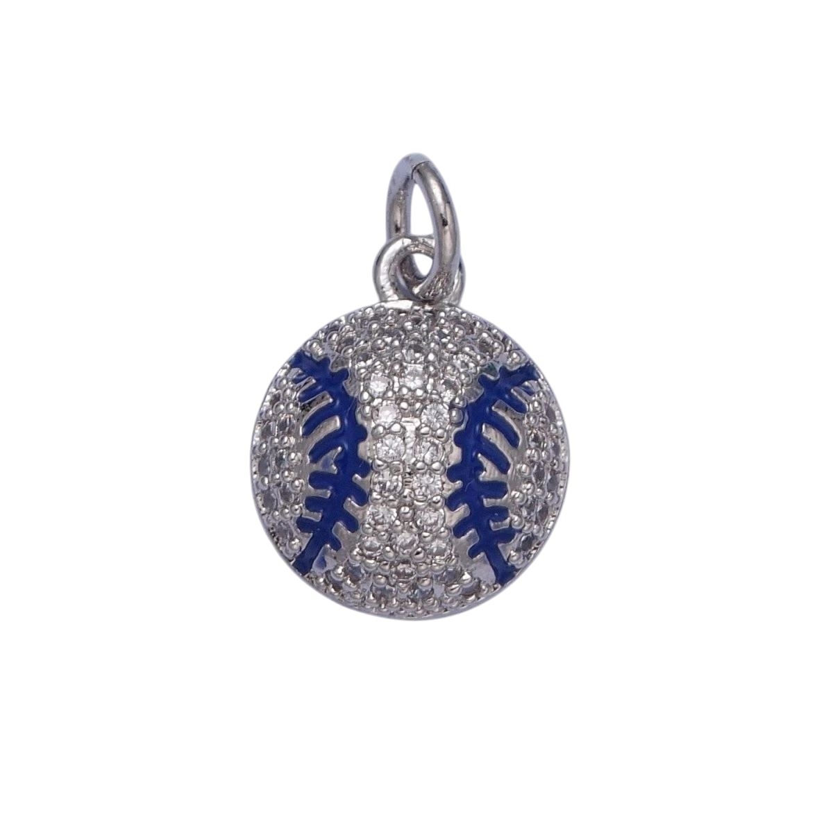 Micro Pave 17mm x 11mm CZ Baseball Charm, Clear Cubic Zirconia with Blue Enamel Stripe Ball