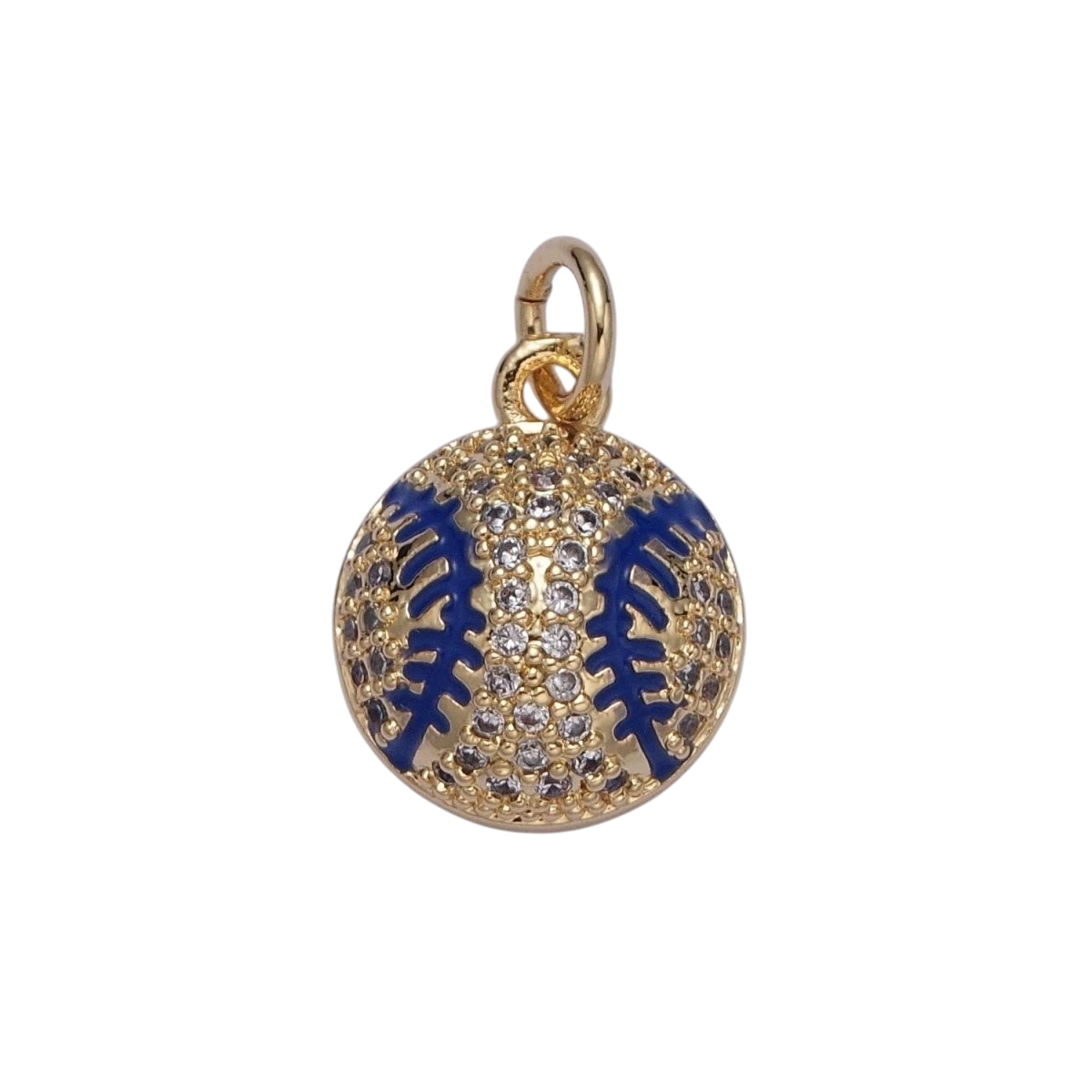 Micro Pave 17mm x 11mm CZ Baseball Charm, Clear Cubic Zirconia with Blue Enamel Stripe Ball