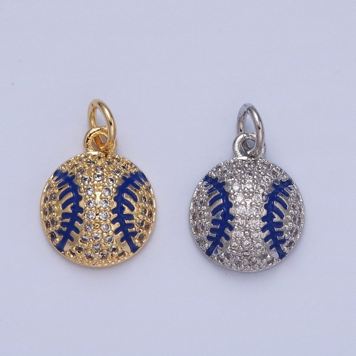 Micro Pave 17mm x 11mm CZ Baseball Charm, Clear Cubic Zirconia with Blue Enamel Stripe Ball