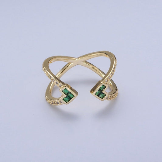 Micro Pave Double Band Cubic Zirconia Green Heart Adjustable Open Ring