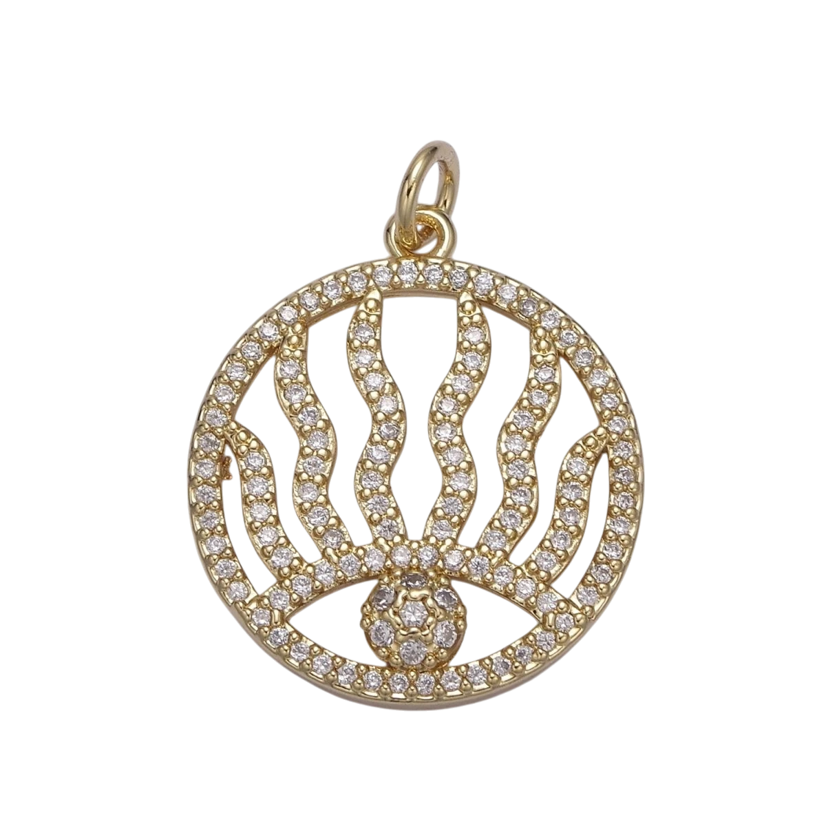 Micro Pave 26.5mm Evil Eye Charm Medallion Cubic Zirconia Coin Charm 14k Gold Filled