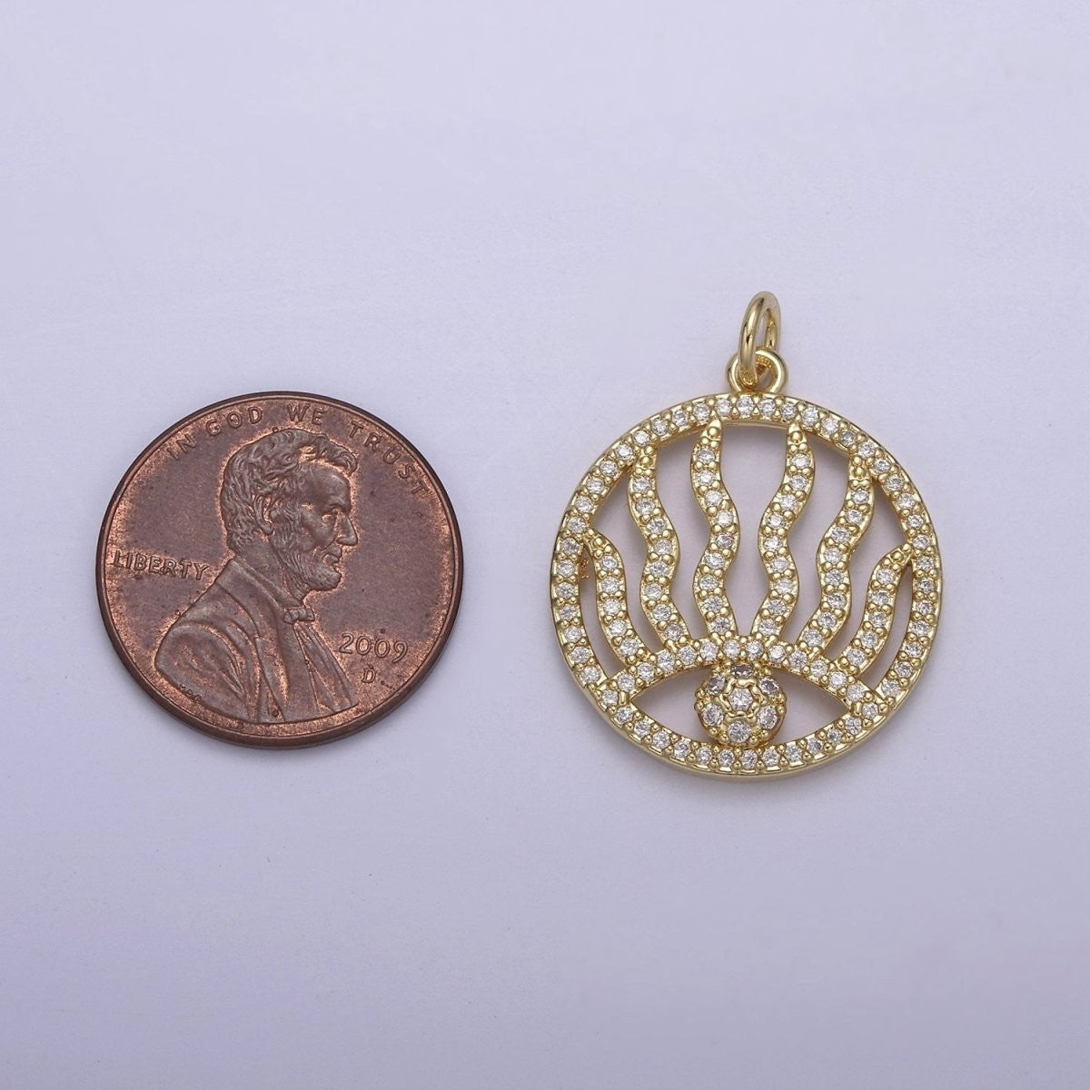 Micro Pave 26.5mm Evil Eye Charm Medallion Cubic Zirconia Coin Charm 14k Gold Filled