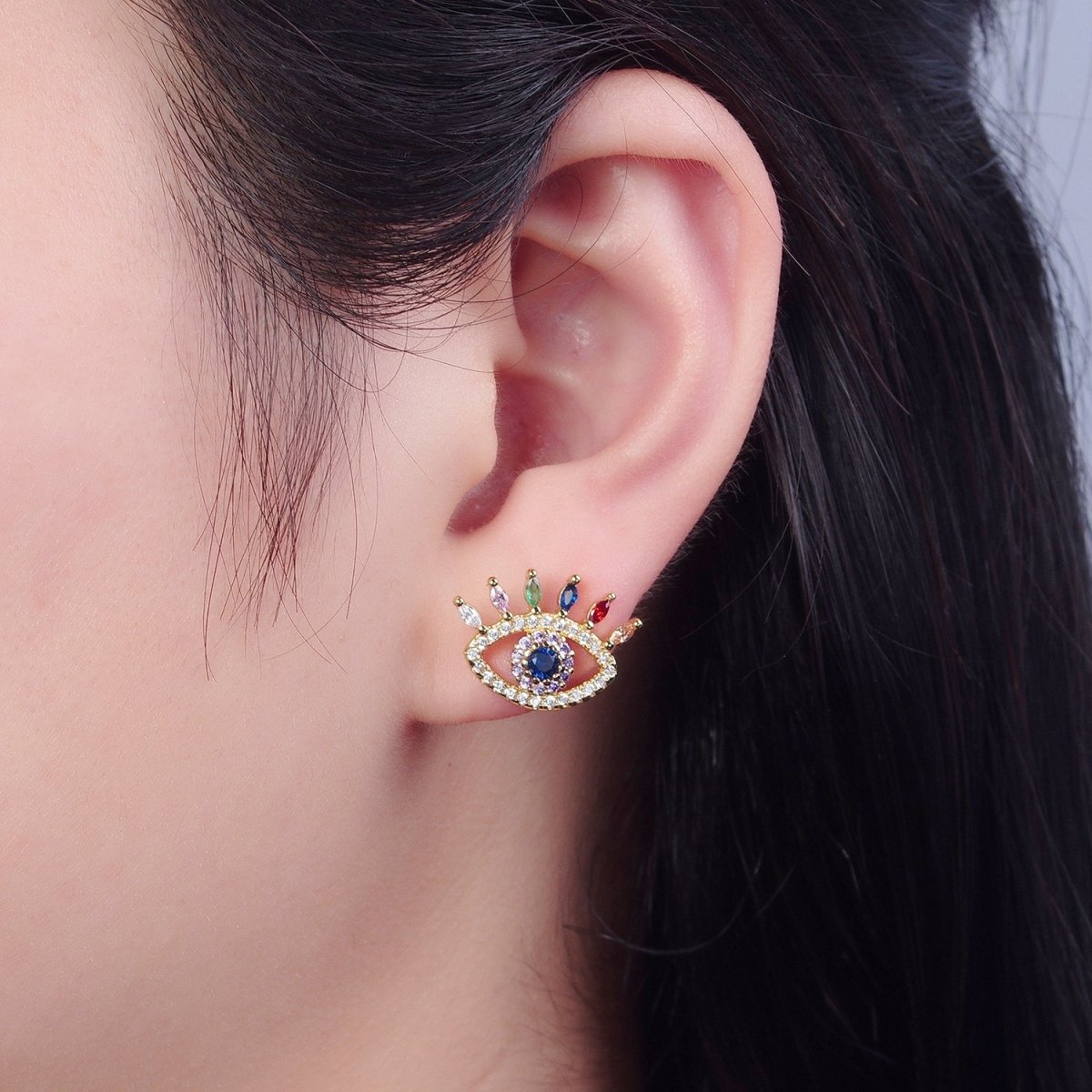 Micro Pave Multicolor CZ Evil Eye Stud Earrings