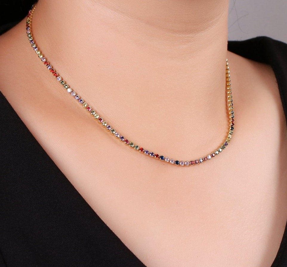 Dainty 14k Gold Filled Tenis Necklace / Micro Pave Choker Chain / Tennis Chain Choker Necklace Multi Color Rainbow CZ