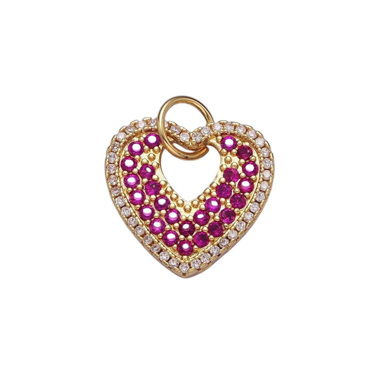 Micro Pave Clear Fuchsia Love Gold Heart Open Charm