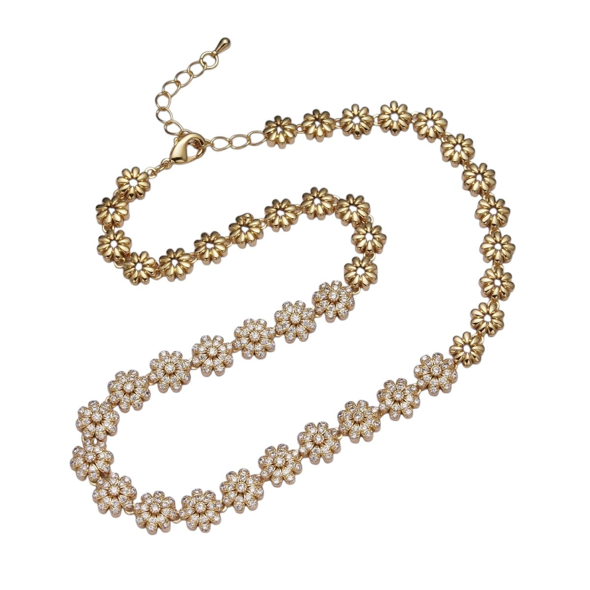 Micro Pave Daisy Flower Mother Nature Flower CZ Link Chain 16 Inch Choker Necklace