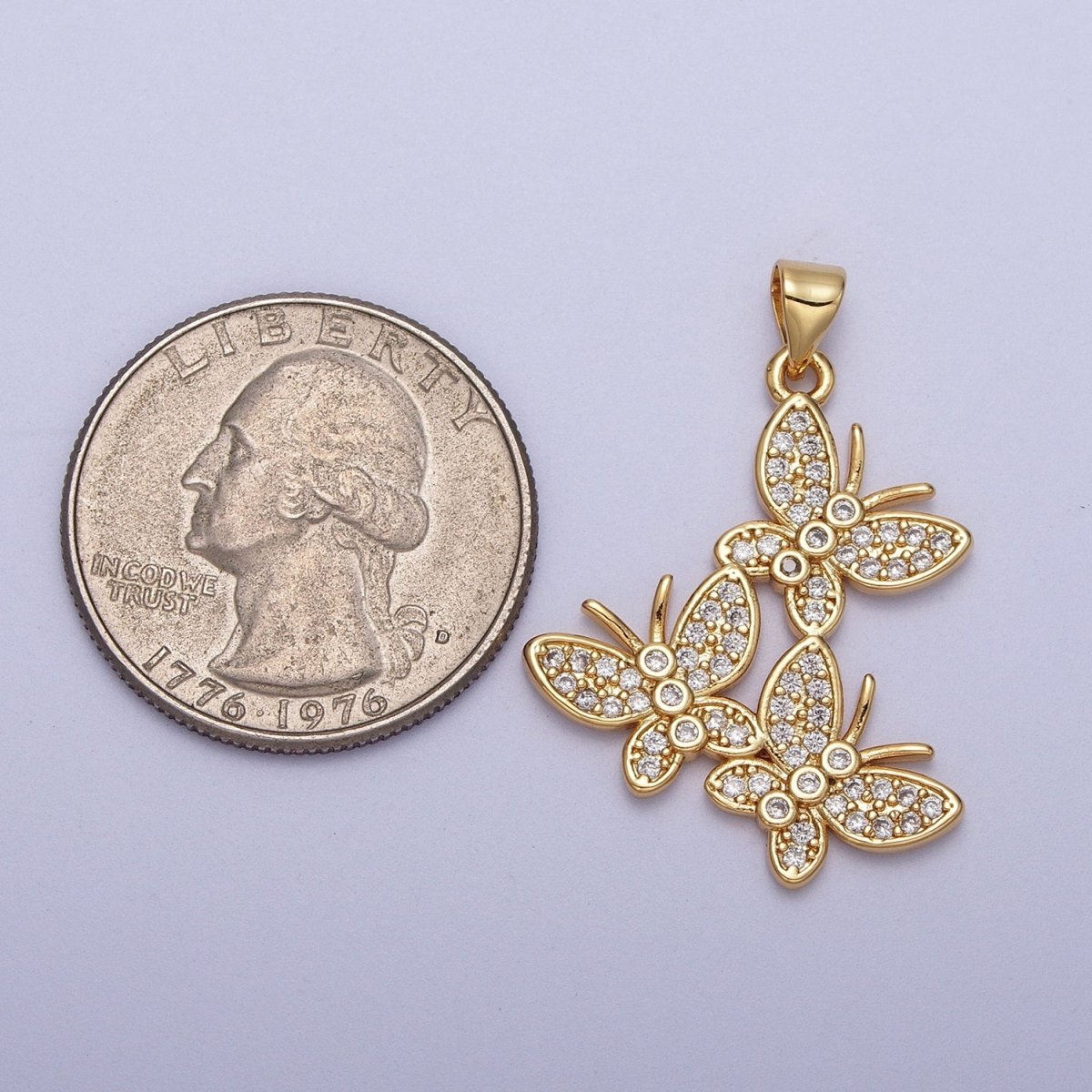 Beautiful Micro Pave 33mm Three Whimsical Butterfly Mariposa Gold Pendant