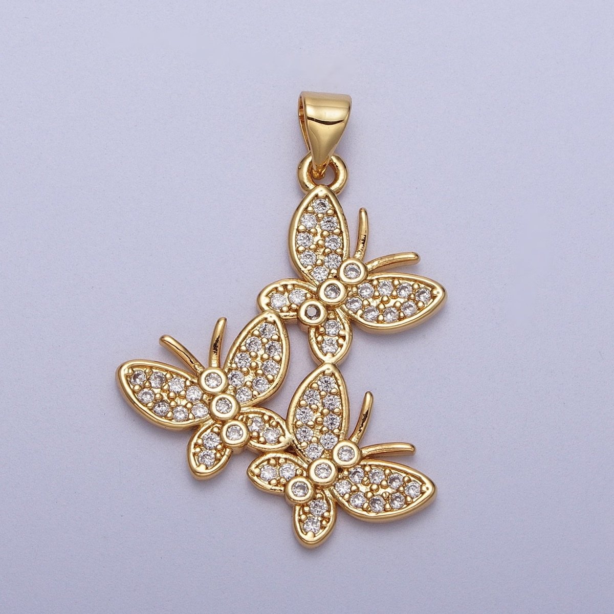 Beautiful Micro Pave 33mm Three Whimsical Butterfly Mariposa Gold Pendant