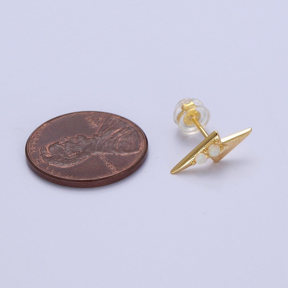 Minimalist Dainty 14K Gold-Filled Lightning Bolt Round White Opal Stud Earrings