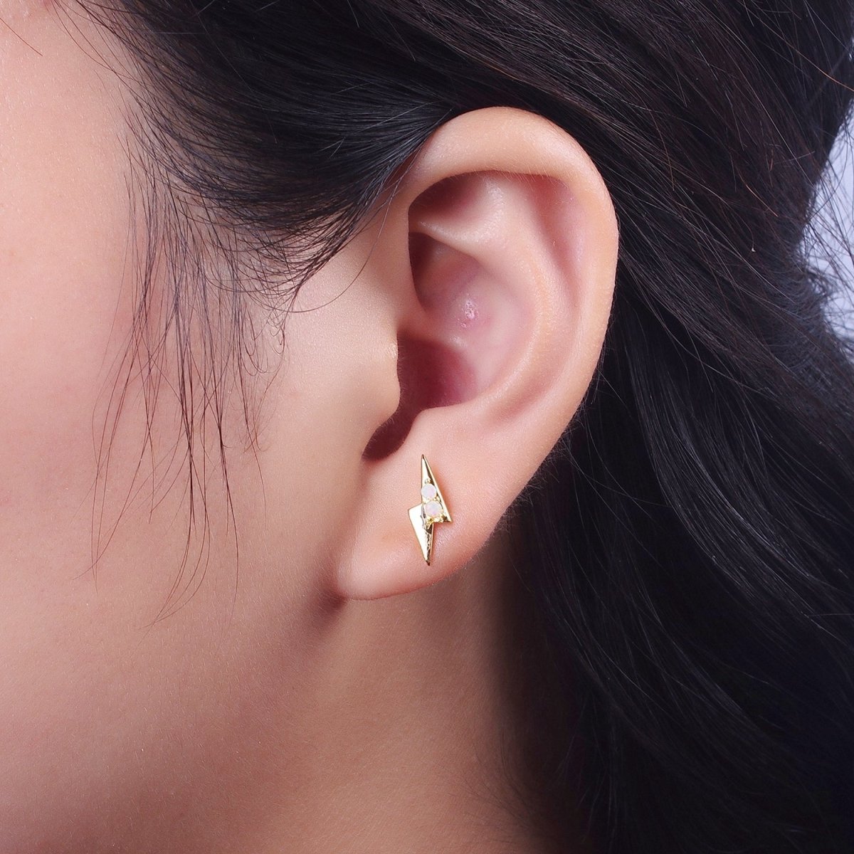Minimalist Dainty 14K Gold-Filled Lightning Bolt Round White Opal Stud Earrings