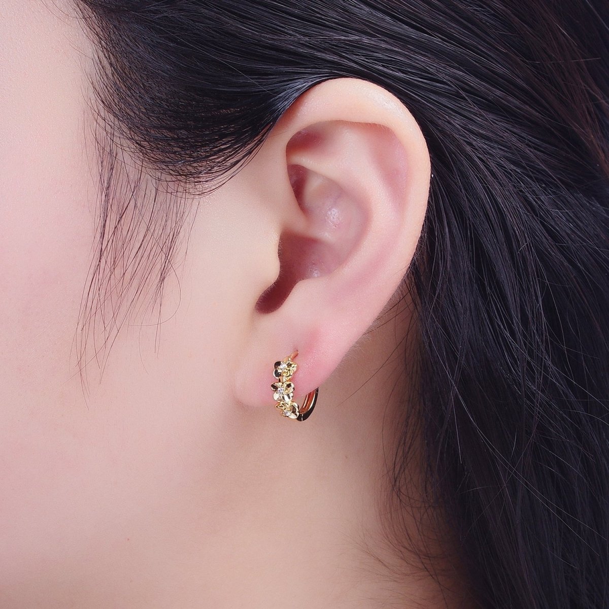 Sweet 24K Gold Filled Clear CZ Flower Huggie Earrings