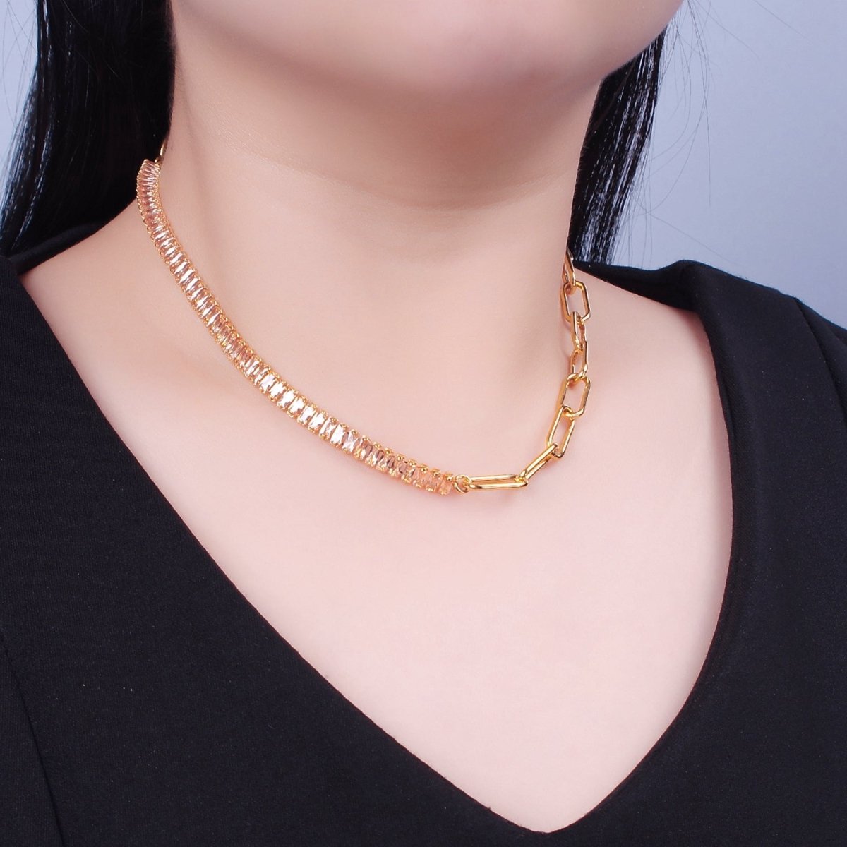 Minimalist Tennis Baguette Necklace 24k Gold Filled CZ Paperclip Chain Necklace