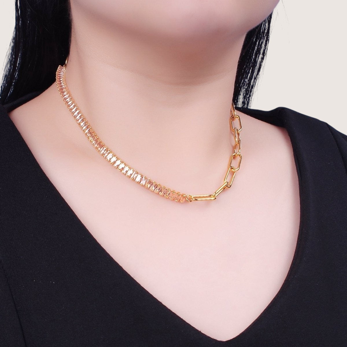 Minimalist Tennis Baguette Necklace 24k Gold Filled CZ Paperclip Chain Necklace