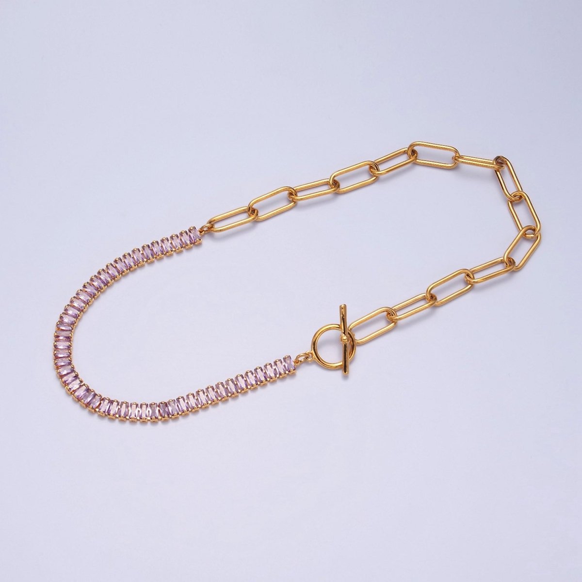 Minimalist Tennis Baguette Necklace 24k Gold Filled CZ Paperclip Chain Necklace