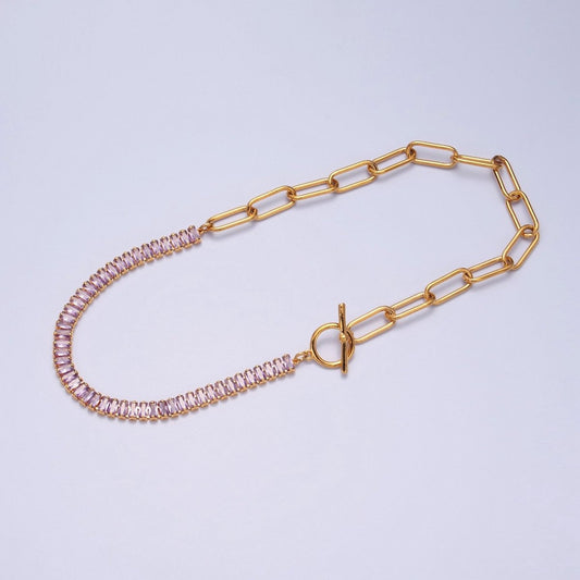 Minimalist Tennis Baguette Necklace 24k Gold Filled CZ Paperclip Chain Necklace
