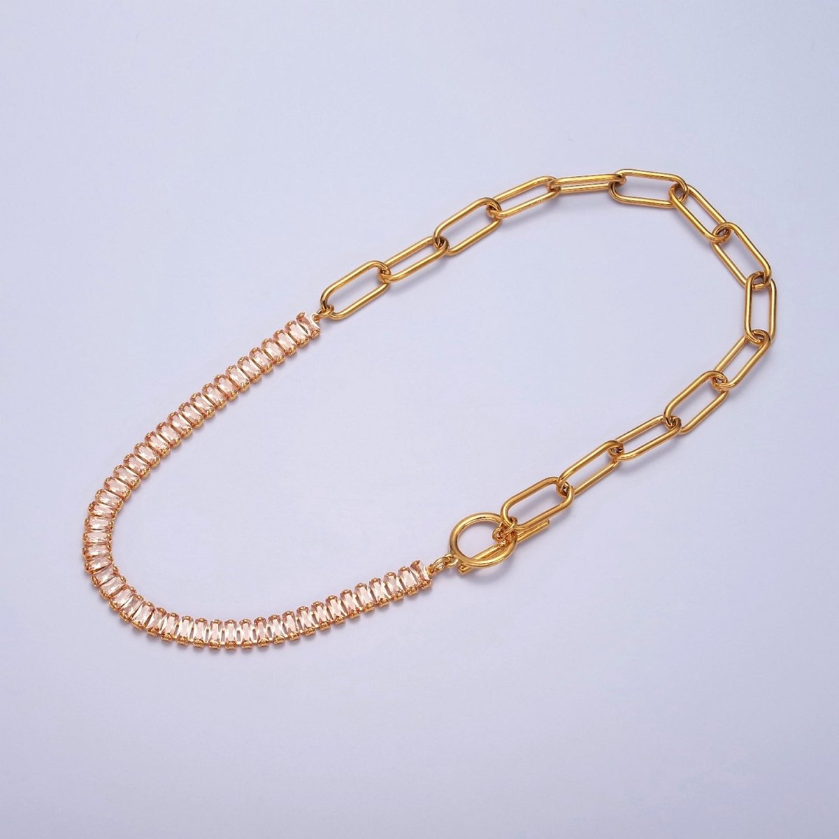 Minimalist Tennis Baguette Necklace 24k Gold Filled CZ Paperclip Chain Necklace