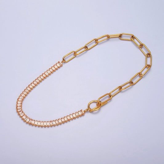 Minimalist Tennis Baguette Necklace 24k Gold Filled CZ Paperclip Chain Necklace