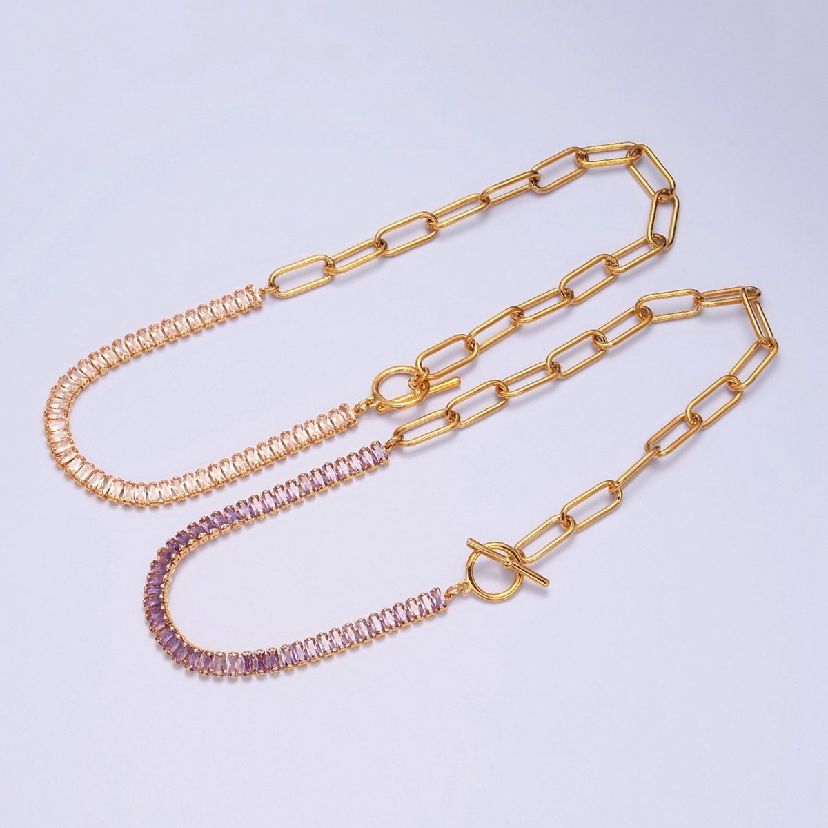 Minimalist Tennis Baguette Necklace 24k Gold Filled CZ Paperclip Chain Necklace