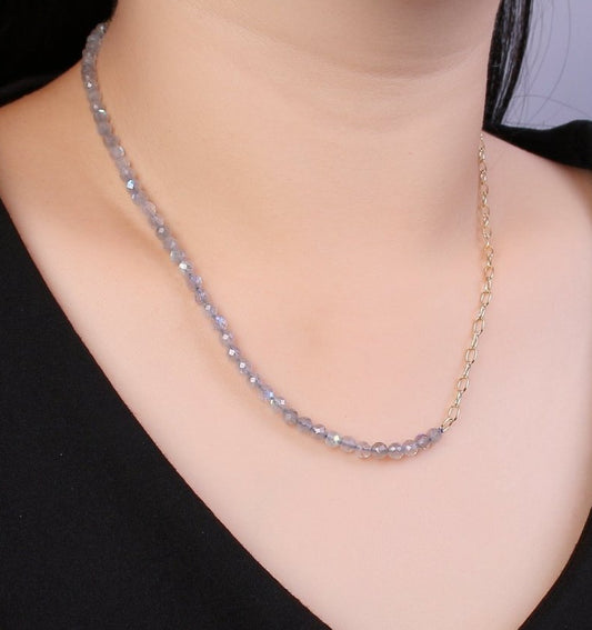 Mixed Chain Necklace Fused Labradorite Beads necklace 14k Gold Filled Necklace, Cable Link Chain Necklace, Unique Dainty Necklace