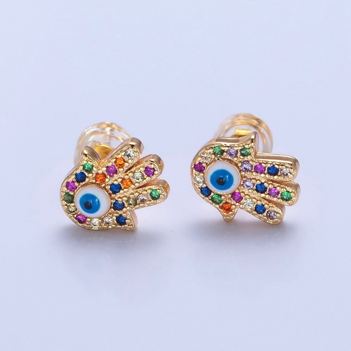 Multi Color Hand Stud Earrings Gold Evil Eye Pave Earrings