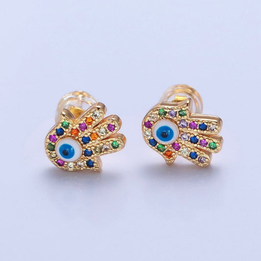 Multi Color Hand Stud Earrings Gold Evil Eye Pave Earrings