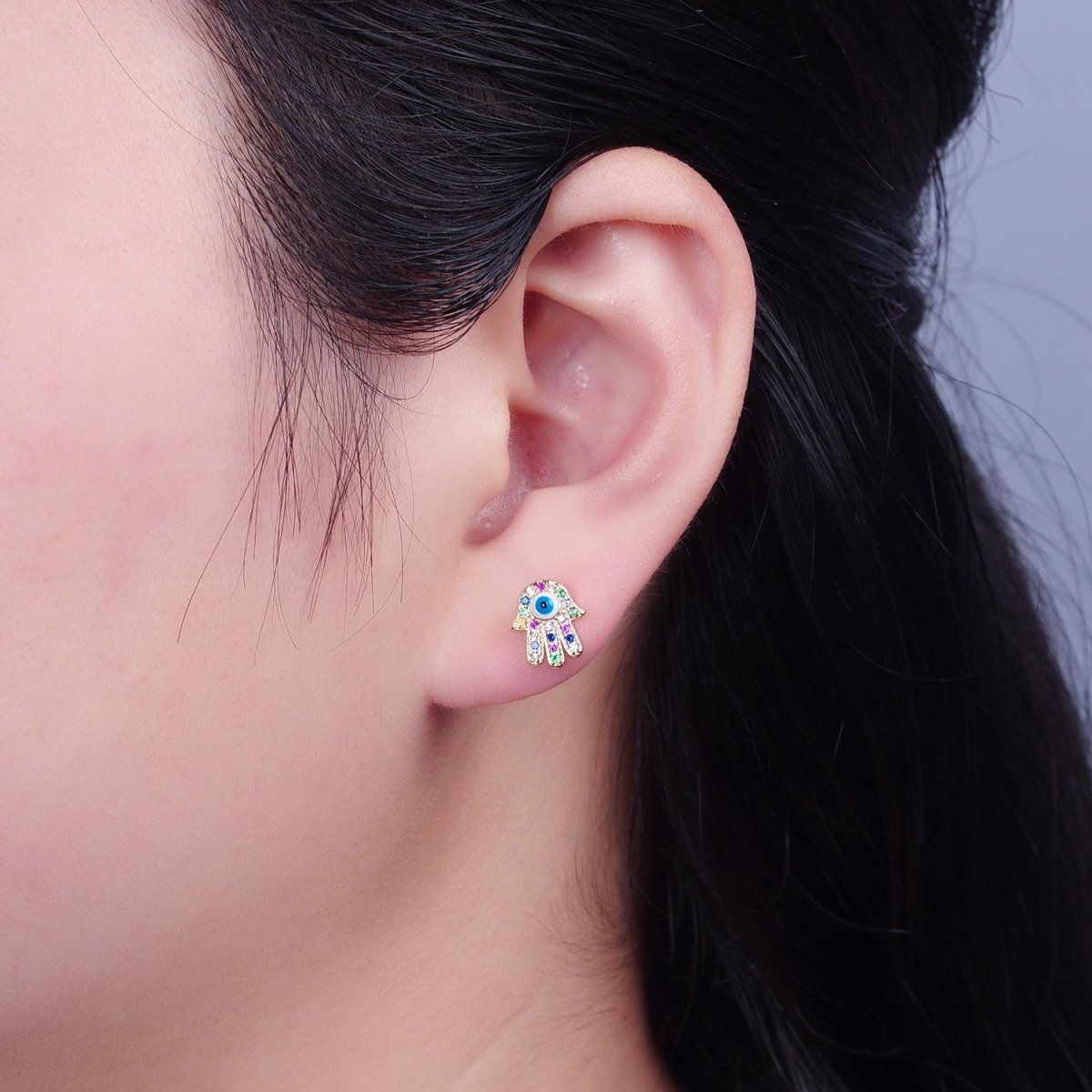Multi Color Hand Stud Earrings Gold Evil Eye Pave Earrings